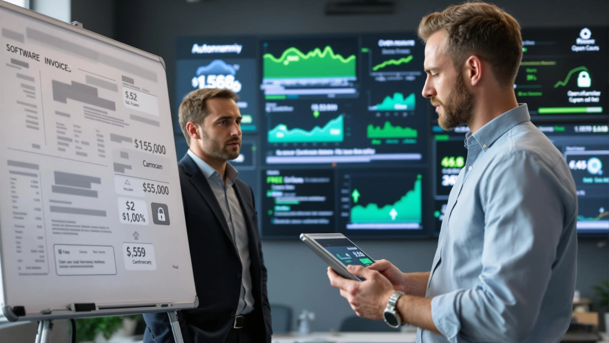 Un expert IT présente une solution open source à un décideur en entreprise, illustrant la réduction des coûts informatiques