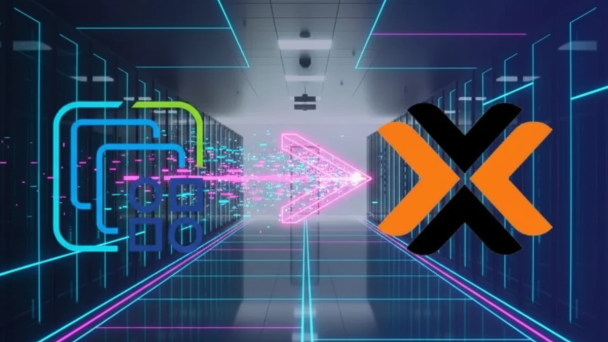 Schéma de migration VMware vers Proxmox VE avec flèches directionnelles et logos