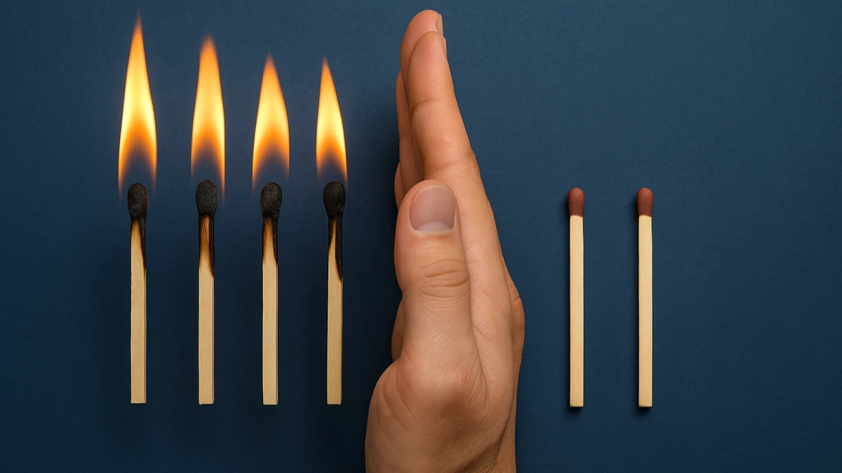 Main arrêtant une chaîne d’allumettes en feu pour illustrer la protection offerte par un plan de continuité d’activité informatique.
