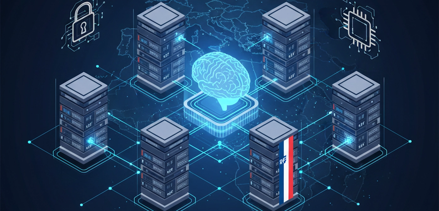Illustration d'Intelligence Artificielle Souveraine française : cerveau numérique connecté à des serveurs sécurisés sur fond de carte d'Europe.