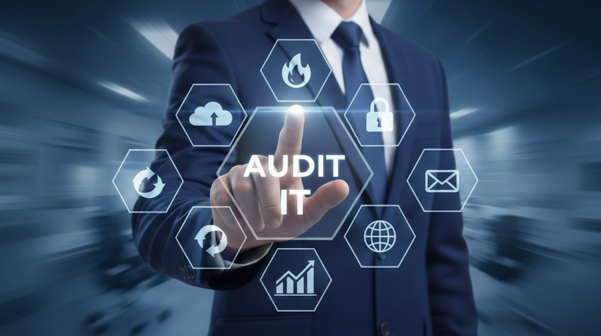 Homme d'affaires interagissant avec interface holographique Audit IT et icônes (cloud, firewall, cadenas) sur fond bleu high-tech. Cybersécurité, système d'information.