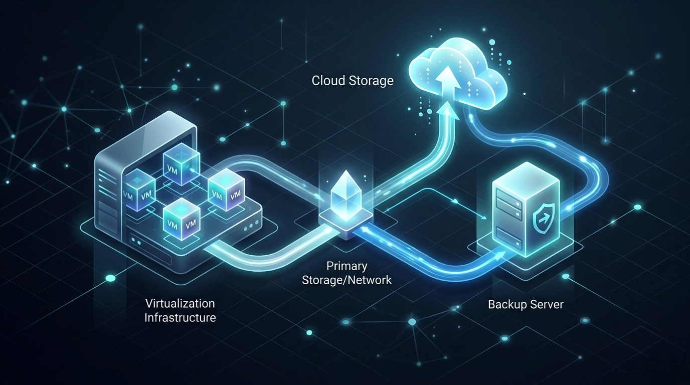 Schéma du fonctionnement de Proxmox Backup Server avec sauvegarde des machines virtuelles vers un serveur de backup et un stockage cloud