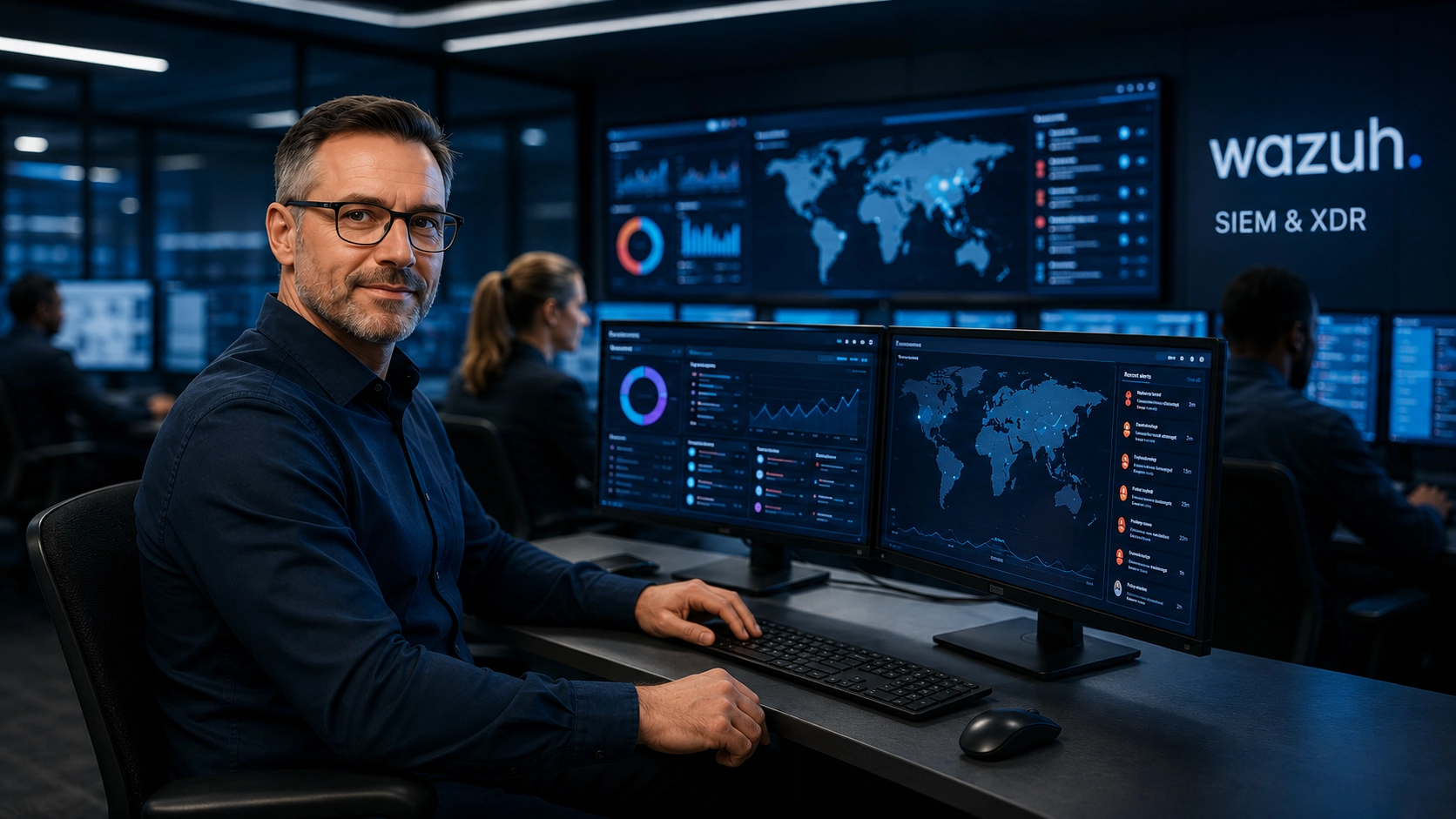 Expert cybersécurité devant des tableaux de bord Wazuh dans un centre de supervision informatique