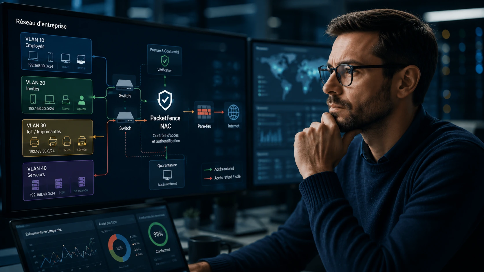 Responsable informatique supervisant un réseau sécurisé avec PacketFence, segmentation VLAN et contrôle d'accès NAC.