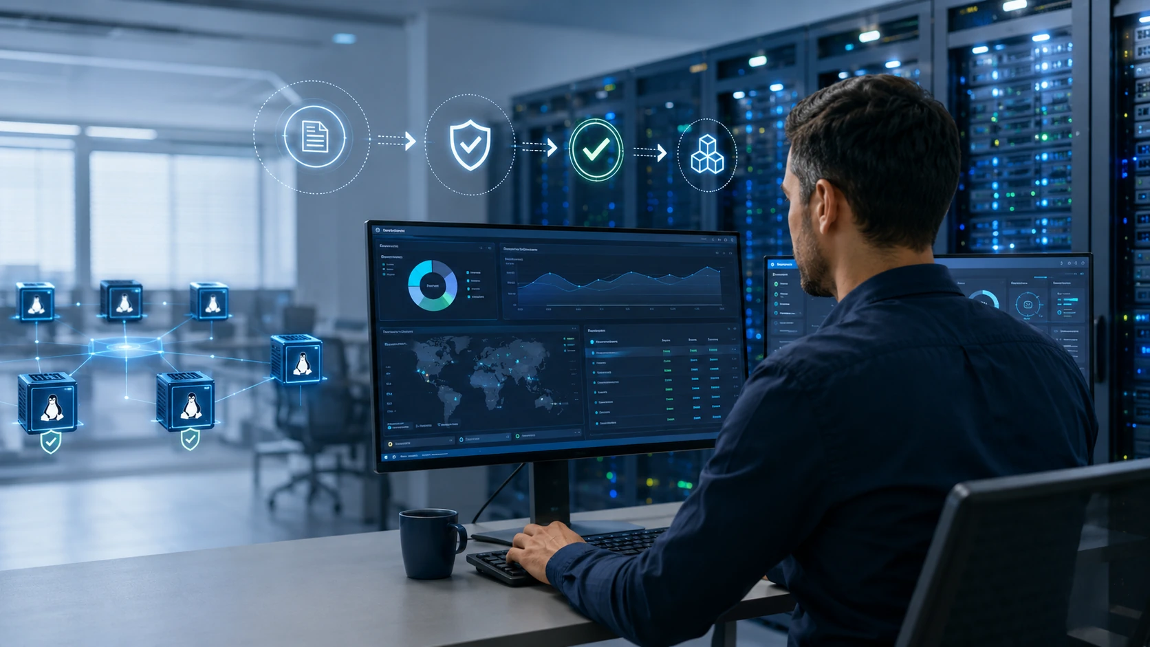 Administrateur supervisant la gestion centralisée des correctifs sur un parc de serveurs Linux