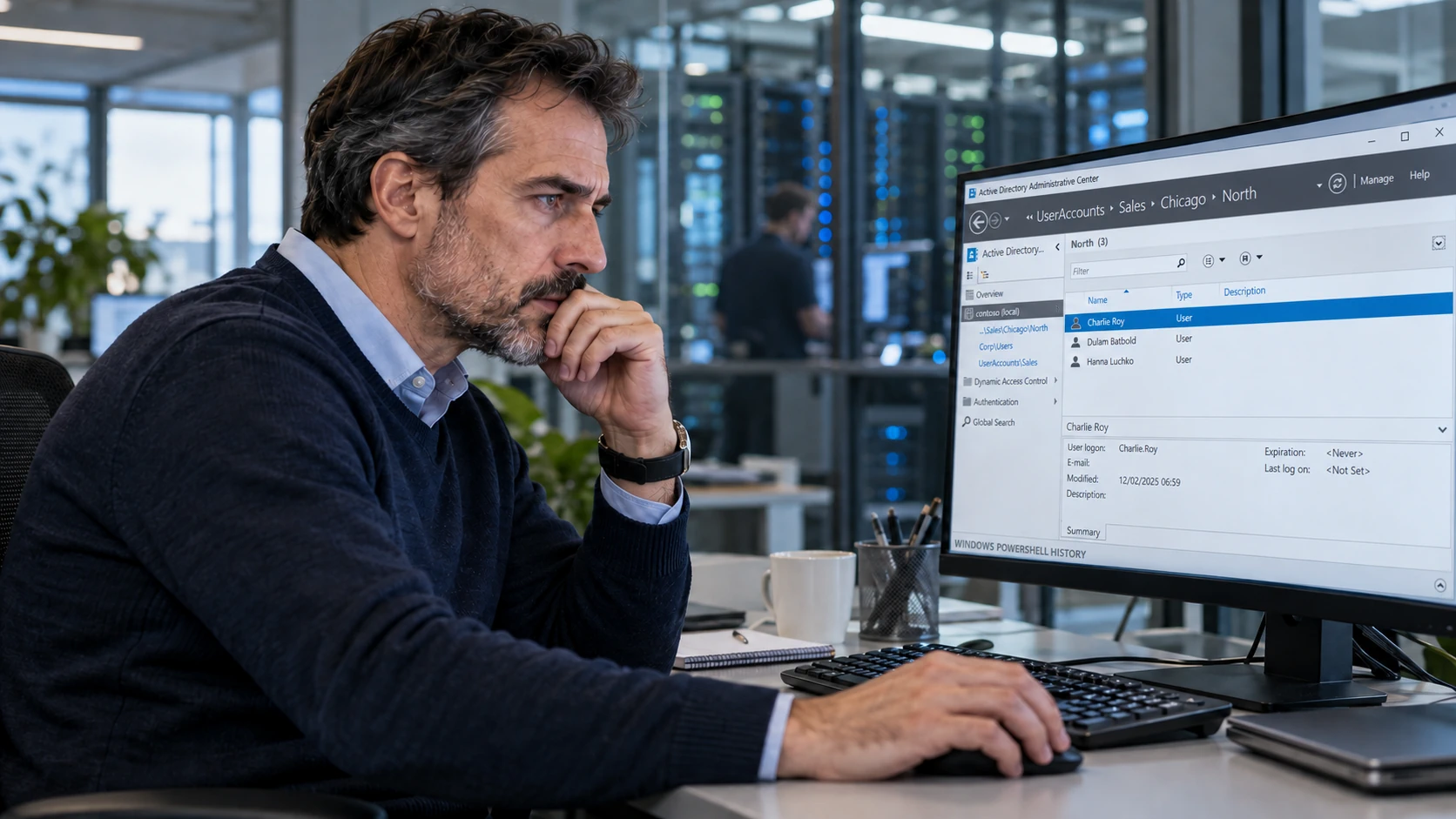 Administrateur analysant les comptes et privilèges lors d’un audit Active Directory
