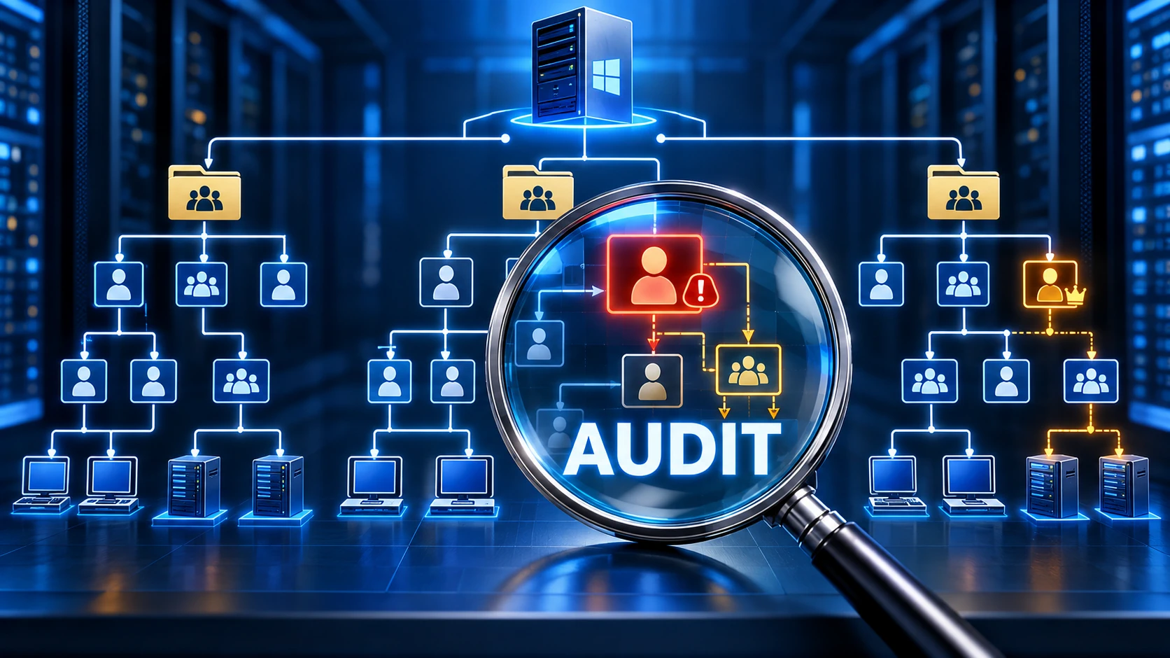 Loupe examinant les comptes, groupes et droits d’accès lors d’un audit Active Directory