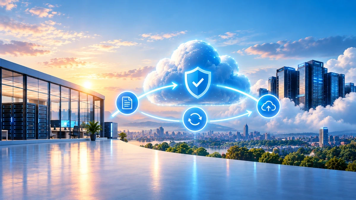 Illustration d'un PRA cloud reliant une infrastructure informatique à un datacenter distant pour la sauvegarde et la reprise d'activité.